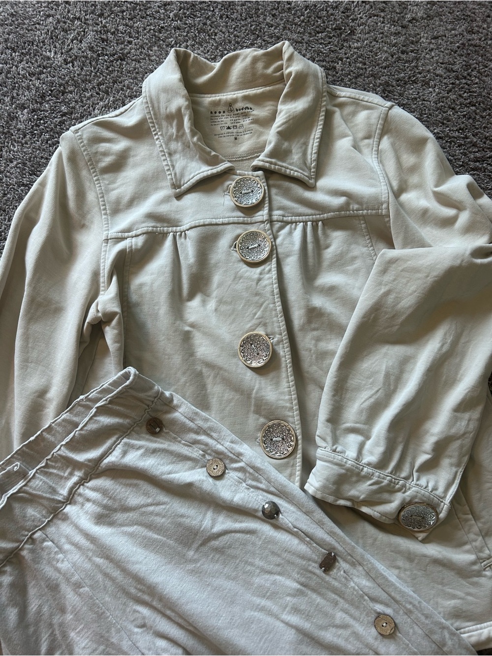 Neon Buddha cotton blend jacket and pant set with artsy buttons - Picture 2 of 4